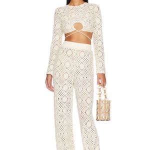 Andrea Iyamah cream crochet pant set, size small